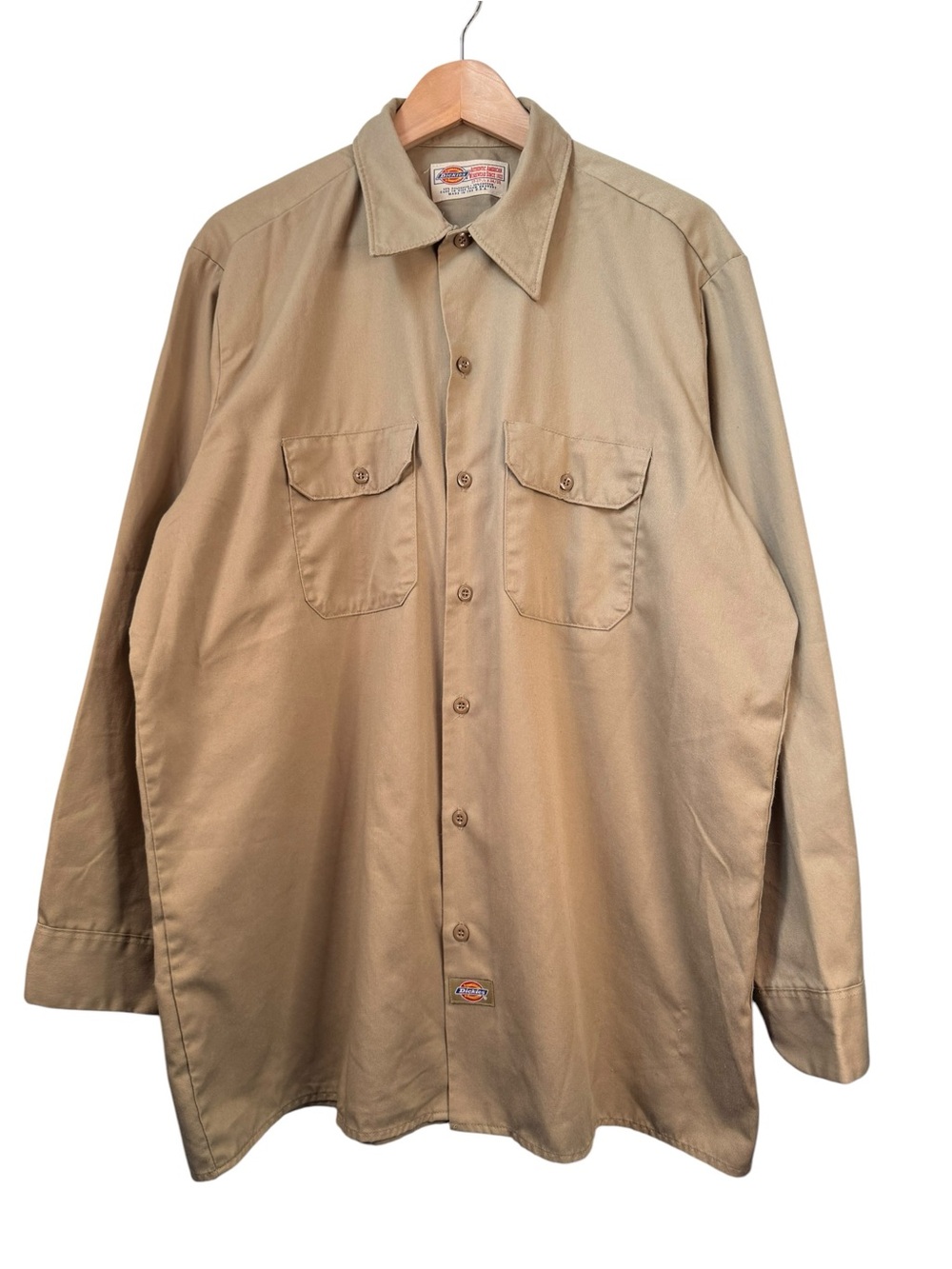 VTG Dickies Long Sleeve Button Up Work Shirt USA Khaki Tan Workwear Uniform 90s